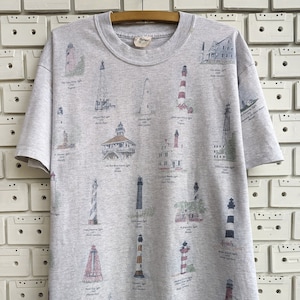 Vintage 90s Lighthouses of USA T-Shirt All Over Print Lighthouse Graphic Art AOP Print Tee Size L