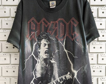 Vintage 00s AC/DC T-Shirt Angus Young Hard Rock Heavy Metal Band Tie Dye Liquid Blue Merch Tee Size M