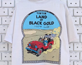 Camiseta vintage de las aventuras de Tintín de los años 90, Tintín, tierra del oro negro, Hergé, cómics, personajes de dibujos animados, camiseta, talla XL