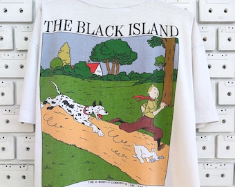 Camiseta vintage de las aventuras de Tintín de los años 90, Tintín, la isla negra, Hergé, cómics, personajes de dibujos animados, camiseta, talla XL
