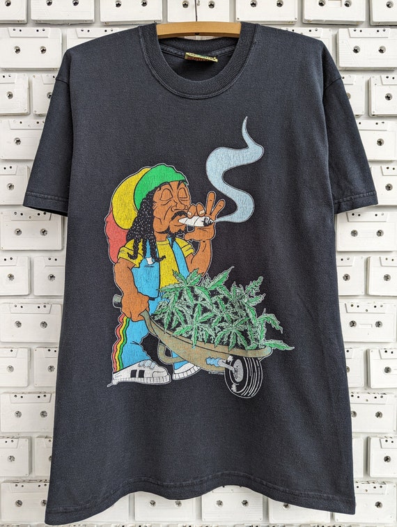 Vintage 90s Rasta Smoking Weed T-shirt Marijuana Cannabis Stoner