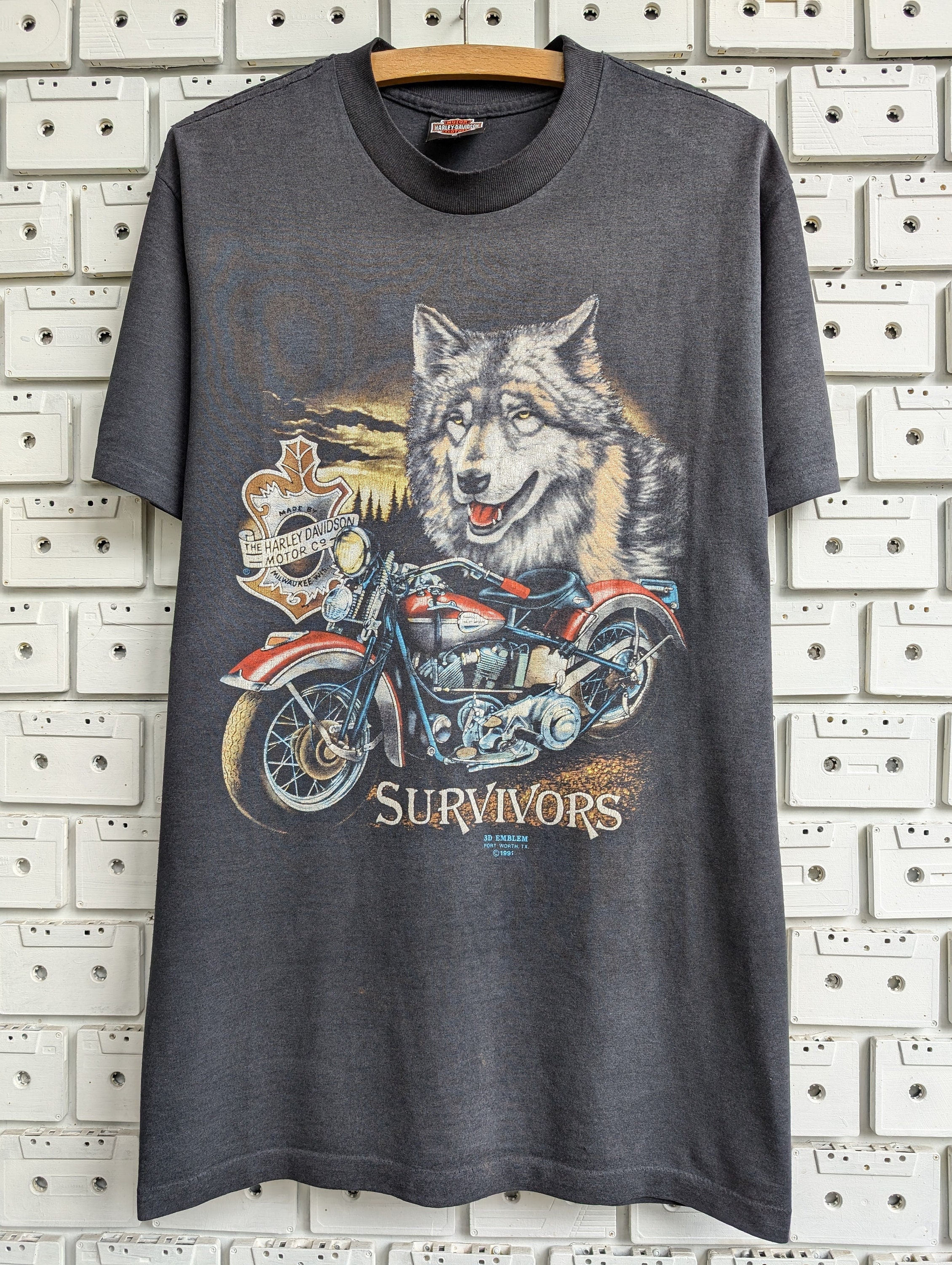 激レア 1991年製 総柄 ハーレーダビッドソン ヴィンテージ Tシャツ ヴィンテージ 1991 ハーレーダビッドソン サバイバーズ Tシャツ ウルフ