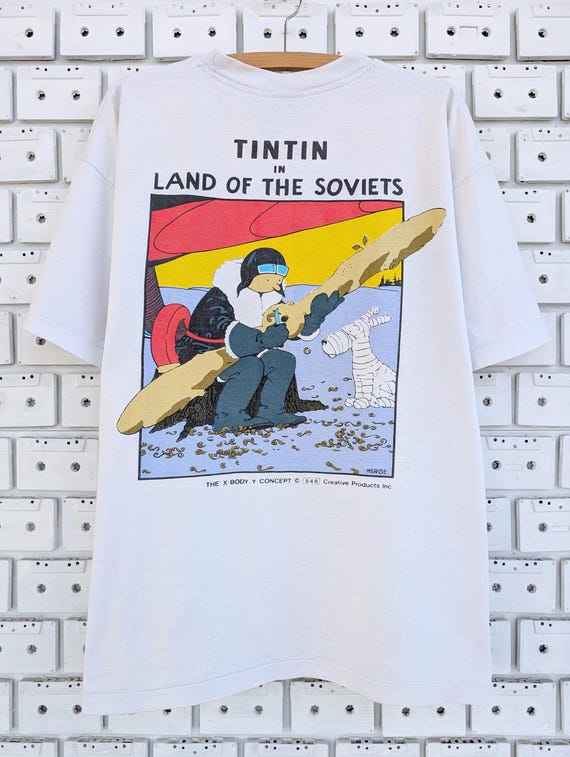 Vintage 90s Adventures Of Tintin T-Shirt Tin Tin In The Land Of The Soviets  Herge Comics Cartoon Characters Merch Tee Size XL