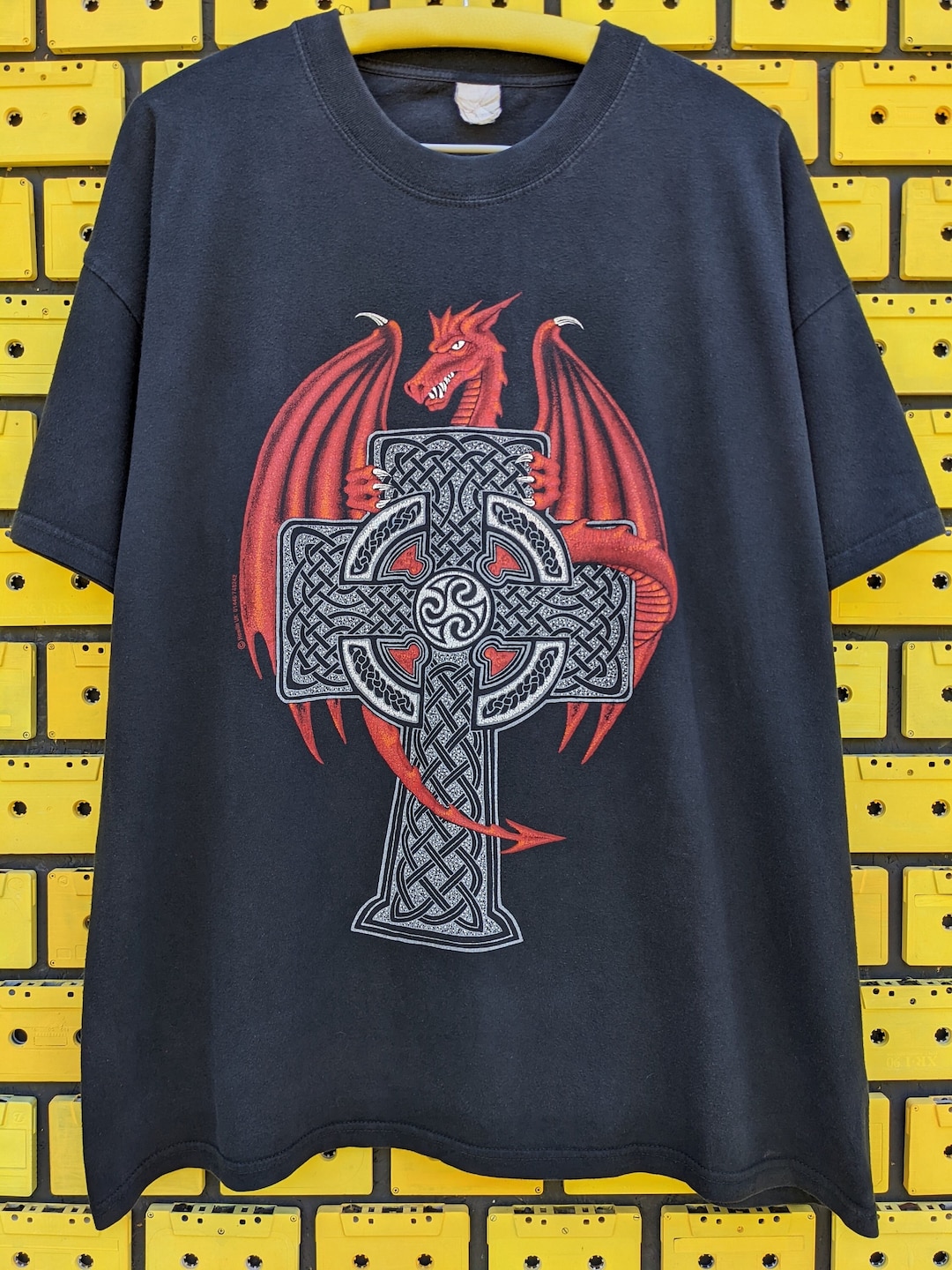 Vintage 90s Red Dragon Celtic Cross T-shirt Fantasy Art Print