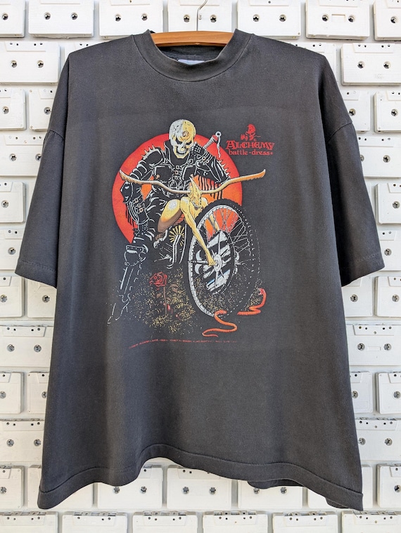 Vintage 80s Alchemy Battle Dress T-shirt Skeleton Rider Biker