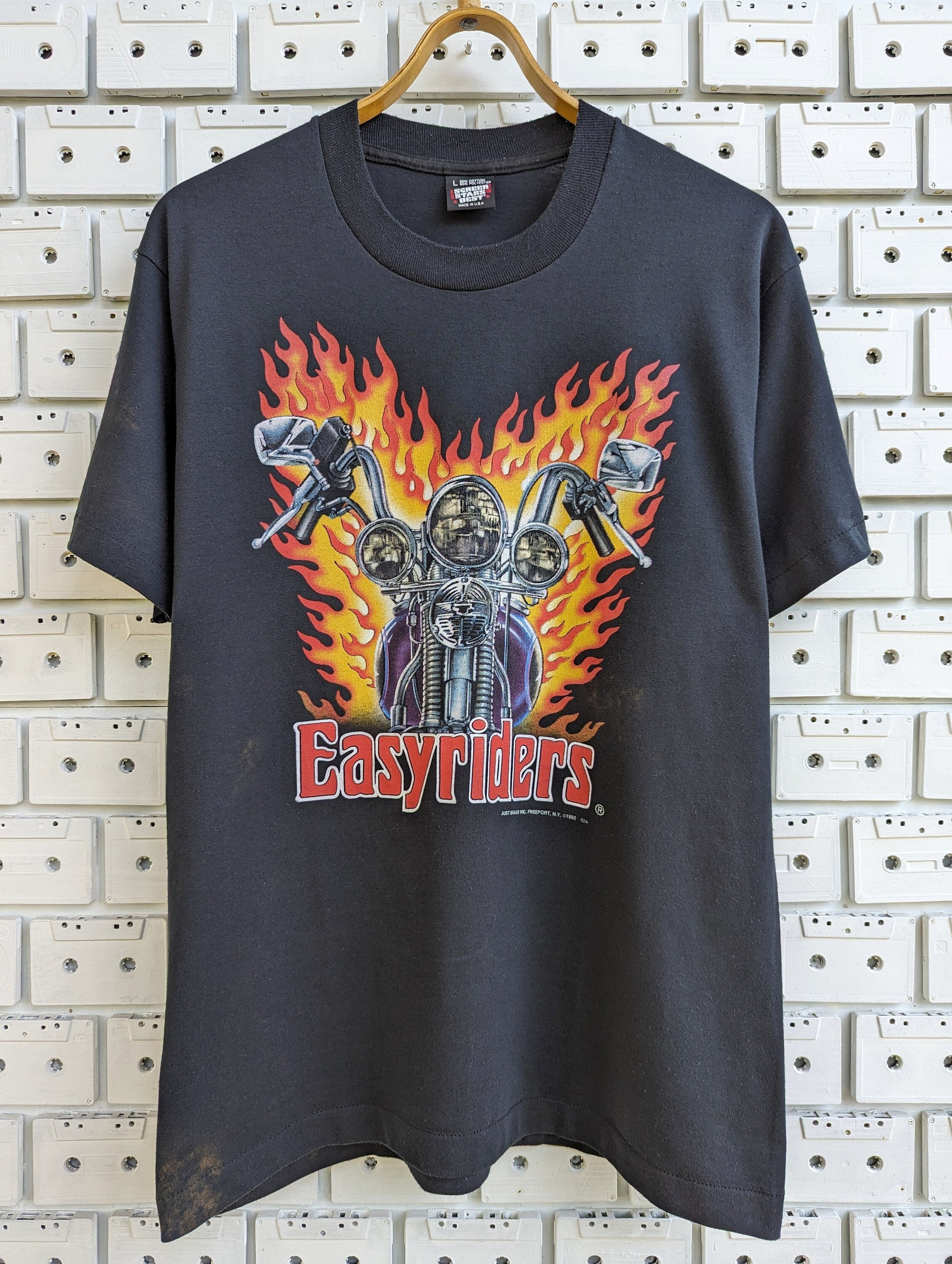 Vintage 1992 Easyriders Bike on Fire T-shirt Just Brass Burning Motorcycle  Tribal Biker Merch Tee Size M/L 