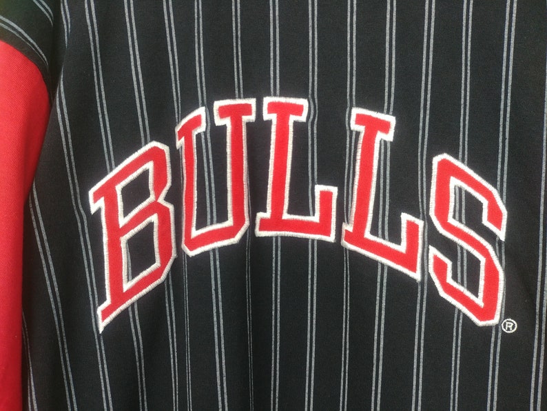 May include: Black and white striped jersey with the word "BULLS" in red with white outlining. The jersey has red and black sleeves.