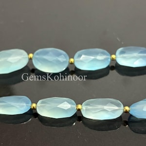 Faceted Blue Chalcedony Gemstone Beads: AAA Oval Checker Cut, 8 Inch Strand