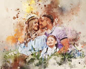 Custom watercolor stylized Portrait From Photo, Family Portrait , wedding, engagement, anniversary birthday Mothers Day Gift for lovers