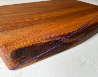 Handmade Elm Cheese Board: Live Edge Wood Serving Board with Purple Resin