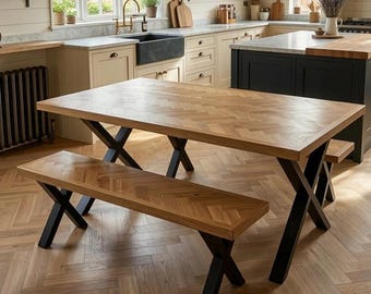 Solid Oak Herringbone Dining Table | Handmade Parquet Wood Table | Scandi Industrial Kitchen | Bespoke UK Wood Furniture | Forest & Fable