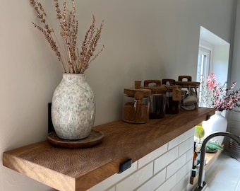 African Iroko Floating Shelf - African Teak Kitchen Shelf - Solid Wood Bathroom Shelving - Handmade in UK - 20cm Depth - Limited Edition