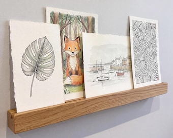 Solid Oak Photo Ledge - Slim Floating Picture Rail for Gallery Walls - Drill Free Shelf option - Handmade in UK | Forest & Fable