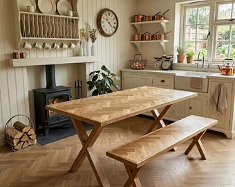Solid Oak Herringbone Dining Table with Bench - X Frame Wood Legs - Bespoke Wooden Dining Set - Handmade in UK | Forest & Fable