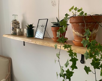 Live Edge Oak Shelf - Cast Iron Brackets - Solid Waney Edge Wood - Industrial Rustic Shelving - Handmade in UK - Kitchen & Home Office