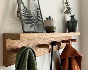 Oak Peg Rail with Shelf | Shaker Style Coat Rack | Bathroom Towel Holder | Hallway Key Storage | Solid Wood Hook Shelf