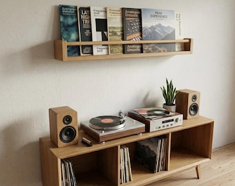 Solid Oak Vinyl Record Holder - Now Playing Record Shelf - Handmade Nursery Book Shelf - Floating Recipe Ledge - UK Made Display Shelf