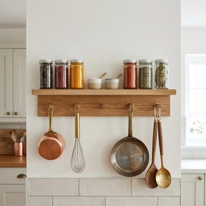 Modern style kitchen with natural oak peg rack. heavy brass pans and utensils hanging on the hooks. spices on the top ledge.