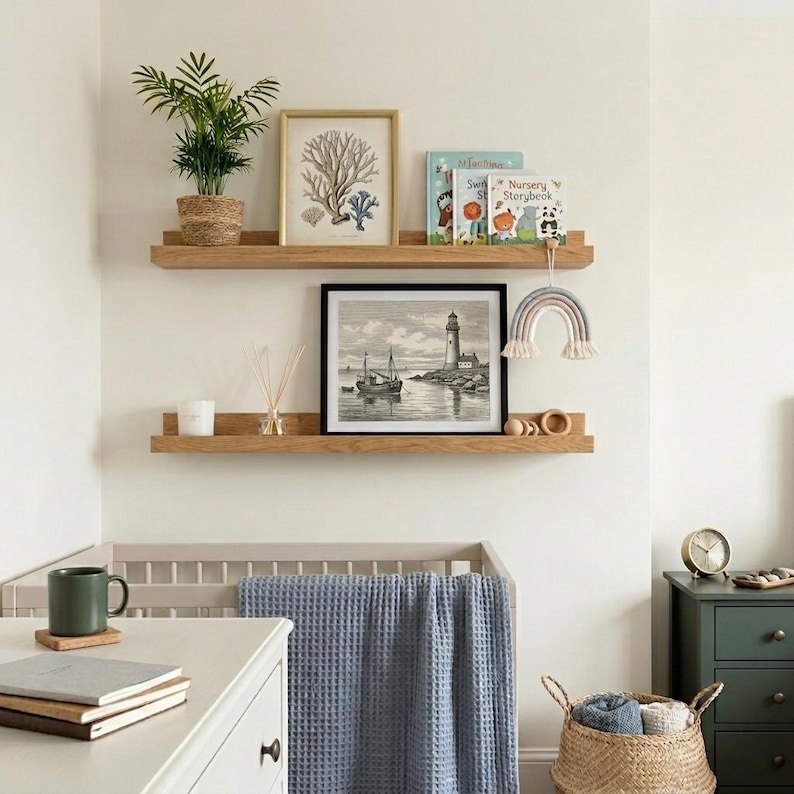 2 oak picture ledges, one above another in a Childs nursery. with a plant books and art work on the shelves along with baby decor. a cot with a blanket and chest of drawers in the room.