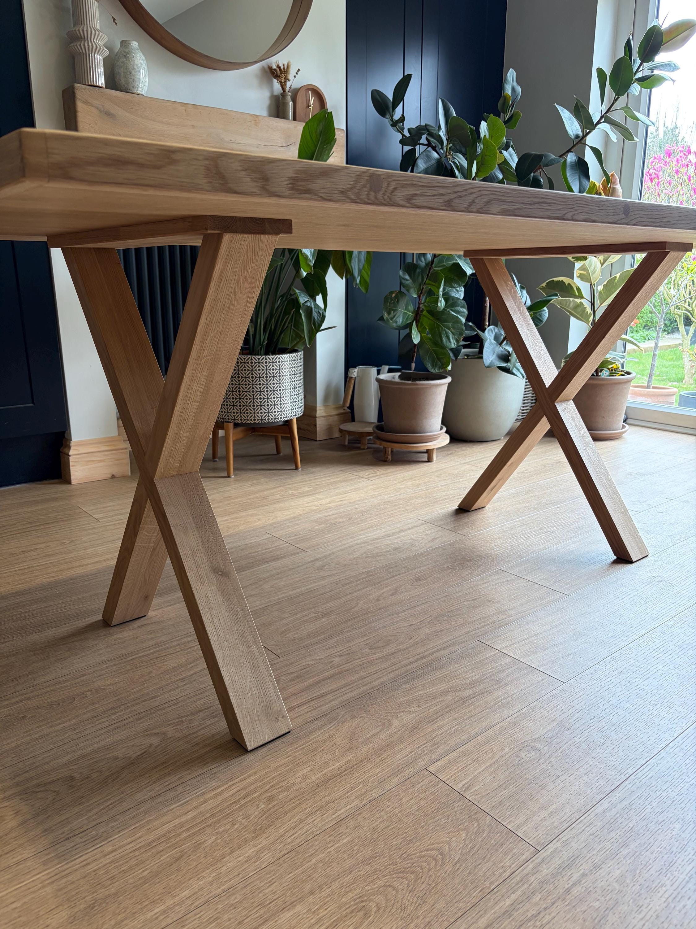Solid Oak Herringbone Dining Table With Bench - X Frame Wood Legs ...