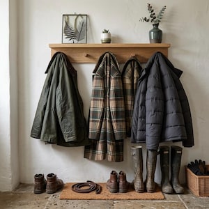 Eiche Zapfenleiste mit Ablage | Shaker Style Garderobe | Badezimmer Handtuchhalter | Flur Schlüssel Aufbewahrung | Massivholz Haken Regal Bild 4
