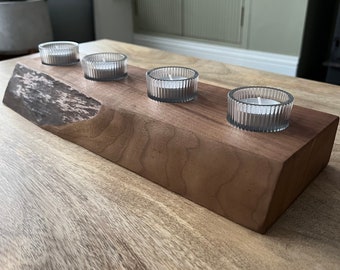 Handmade Oak & Walnut Tea Light Holder: Live Edge Table Decor