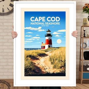 Impression de voyage traditionnelle de Cape Cod, affiche de voyage dans le Massachusetts, impression de bord de mer national, affiche de Cape Cod, cadeau de parc national, art mural
