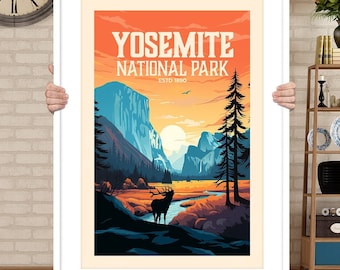 May include: A vintage-style poster with a sunset scene of Yosemite National Park, California. The poster features a silhouette of a deer in the foreground, with mountains and trees in the background. The text "Yosemite National Park" is printed in bold letters at the top of the poster, with "Est. 1890" printed below.