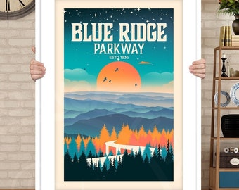 May include: A retro-style poster with a blue, green, and orange color scheme depicting a scenic view of the Blue Ridge Parkway in North Carolina. The text "Blue Ridge Parkway Est. 1936" is featured at the top of the poster.