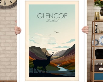 Glencoe Print featuring stag in foreground, Scotland Travel Poster, Scottish Wall Art, National Park Print designed by Studio Inception