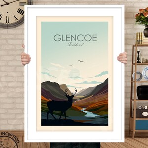 Glencoe Print featuring stag in foreground, Scotland Travel Poster, Scottish Wall Art, National Park Print designed by Studio Inception