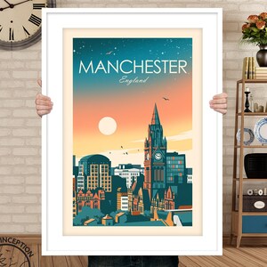 May include: A vintage-style travel poster featuring a cityscape of Manchester, England. The poster has a blue, orange, and yellow color scheme and features the city's iconic Town Hall building.
