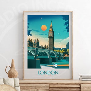 May include: A colorful illustration of Big Ben and the Houses of Parliament in London, England. The image is set against a blue sky with a bright orange sun. The text "LONDON ENGLAND" is at the bottom of the image.