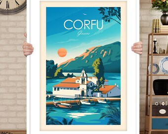 Affiche imprimée traditionnelle Corfou, Grèce, impression de voyage en Grèce, décoration murale par Studio Inception