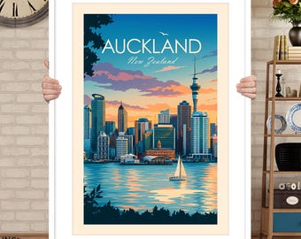 Auckland New Zealand Skyline Art Print, Travel Poster, Wall Art available in a range of sizes.