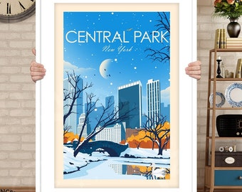 New York Print featuring Central Park in Autumn Winter New York City Skyline, Art Print, Travel Print, Travel Poster, Wall Art