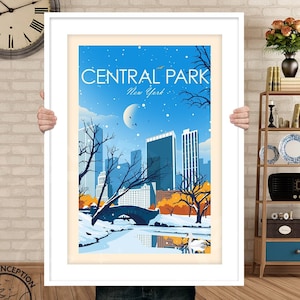 New York Print featuring Central Park in Autumn Winter New York City Skyline, Art Print, Travel Print, Travel Poster, Wall Art