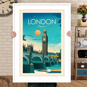 Pode incluir: Um p&ocirc;ster de viagem vintage com uma ilustra&ccedil;&atilde;o colorida do Big Ben e as Casas do Parlamento em Londres, Inglaterra. O p&ocirc;ster tem um c&eacute;u azul com um sol laranja brilhante e um cisne branco no rio T&acirc;misa.