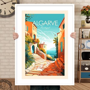 May include: A vintage travel poster with a colorful illustration of a cobblestone street in a European town. The poster features a blue sky, a bright blue ocean, and the text "ALGARVE Portugal".