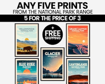 National Park Print set | Set of 5 Prints | National Park Art | Glacier Print | Blue Ridge Print | Grand Canyon Money Saving Offer