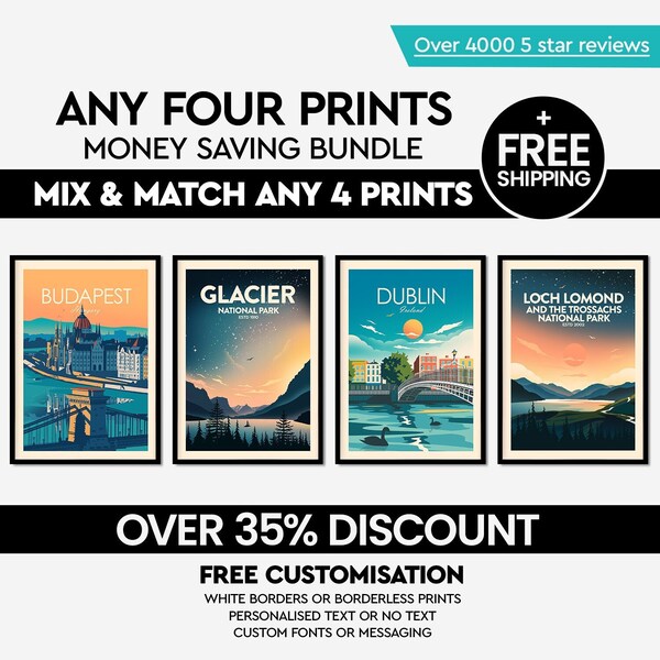 Money Saving Print Set - Any 4 Prints of your Choice, Choose Your Size, Travel Poster, Travel Print, Art Prints, Art Gifts, National Parks