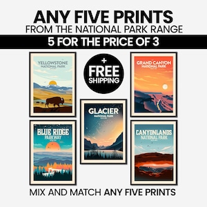 Set di stampe del Parco Nazionale / Set di 5 stampe / Arte del Parco Nazionale / Stampa del Ghiacciaio / Stampa del Blue Ridge / Offerta Risparmio sul Grand Canyon