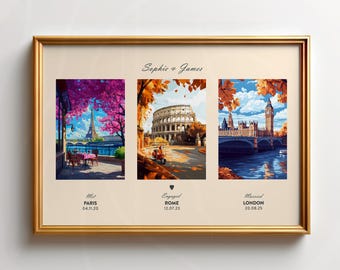 Wedding Anniversary Print Gift, Met Engaged Married Custom Poster - Choose your Locations Names and Dates