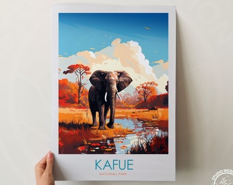 Kafue National Park Travel Poster, Zambia Print, African Home Decor, Safari Artwork, Personalised Gift, Elephant Painting, Gallery Wall Art