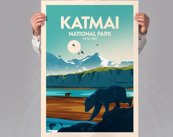Bears Salmon fishing at Katmai National Park Travel Poster | Alaskan National Park Print | Art Print | Brooks Falls | Travel Print