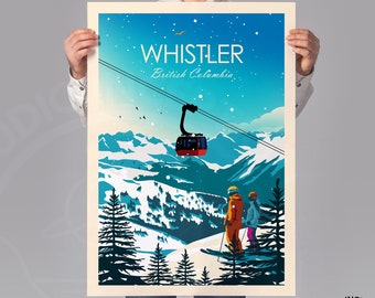 Poster con stampa Ski Whistler - Arte dello sci - British Columbia Canada - Sciatori