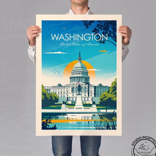Stampa da viaggio di Washington DC - Decorazione artistica del paesaggio urbano, souvenir e regalo per gli amanti della città, arte da parete di Washington DC