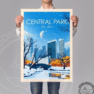 New York Print featuring Central Park in Autumn Winter New York City Skyline, Art Print, Travel Print, Travel Poster, Wall Art