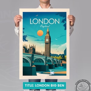 Pode incluir: Um cartaz de viagem de estilo vintage com uma ilustra&ccedil;&atilde;o colorida do Big Ben e das Casas do Parlamento em Londres, Inglaterra. O cartaz tem um esquema de cores azul, verde e laranja e o texto "LONDON England" no topo.
