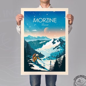 Ski Morzine Print Poster - Skiing Art - France Ski Resorts - Chamonix Tignes Skiers